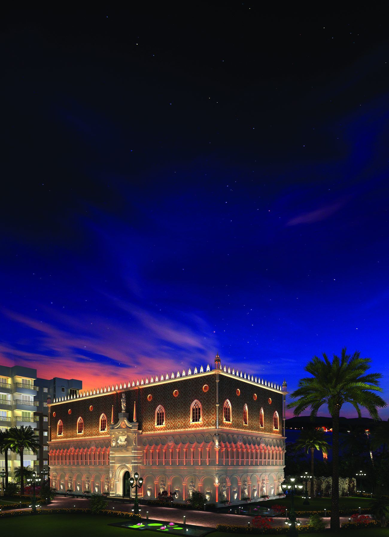 Club Venezia clubhouse at night